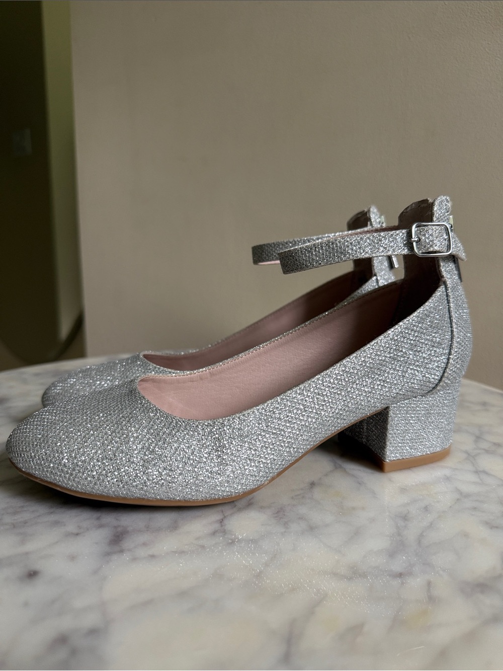 Nina Silver Glitter Ankle-Strap Block Heel Pumps